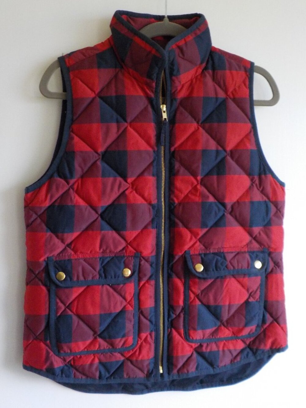 J. Crew Puffer Vest - Small - Red/Blue Plaid Zip Pockets High Collar (2372)